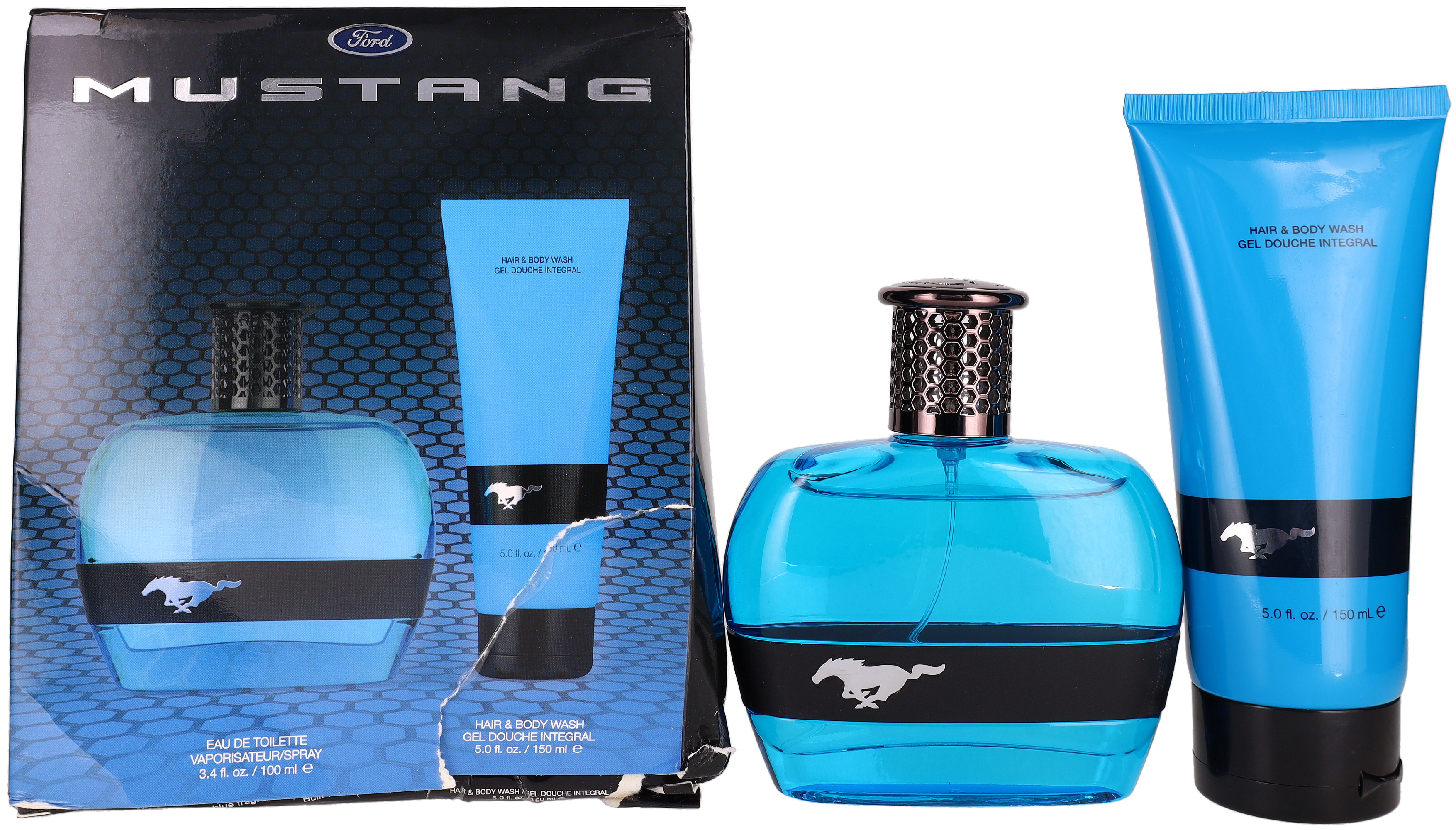 Blue by Ford Mustang Men Set: EDT Spray + SG 3.4oz + 5.0oz Damaged